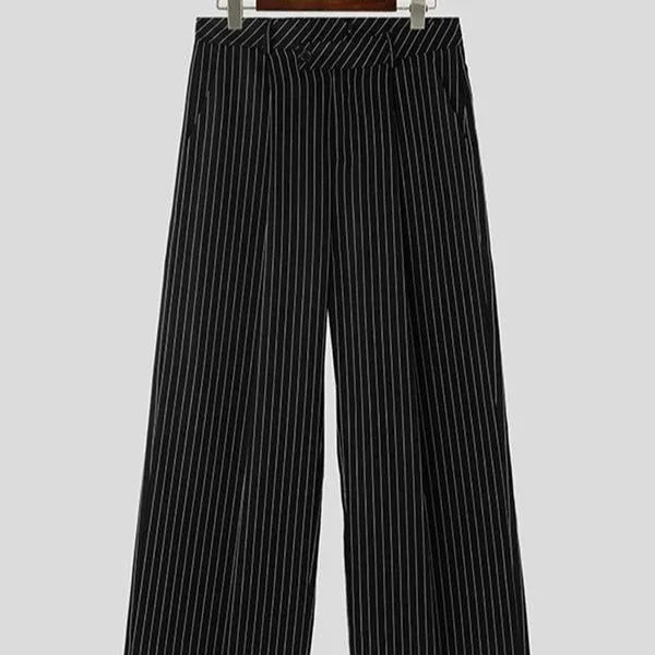 Black men's casual trousers with vertical stripes and pleated design on mannequin