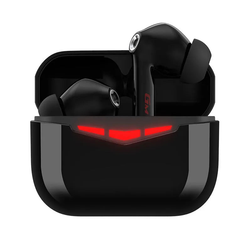 True wireless gaming earbuds and charging case in black, pink, white, or grey colours with silicone ear tips.
