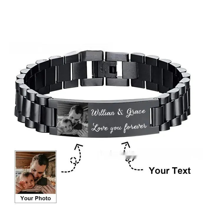 Men's stainless steel heart-shaped bracelet with engraved lettering options on wrist
