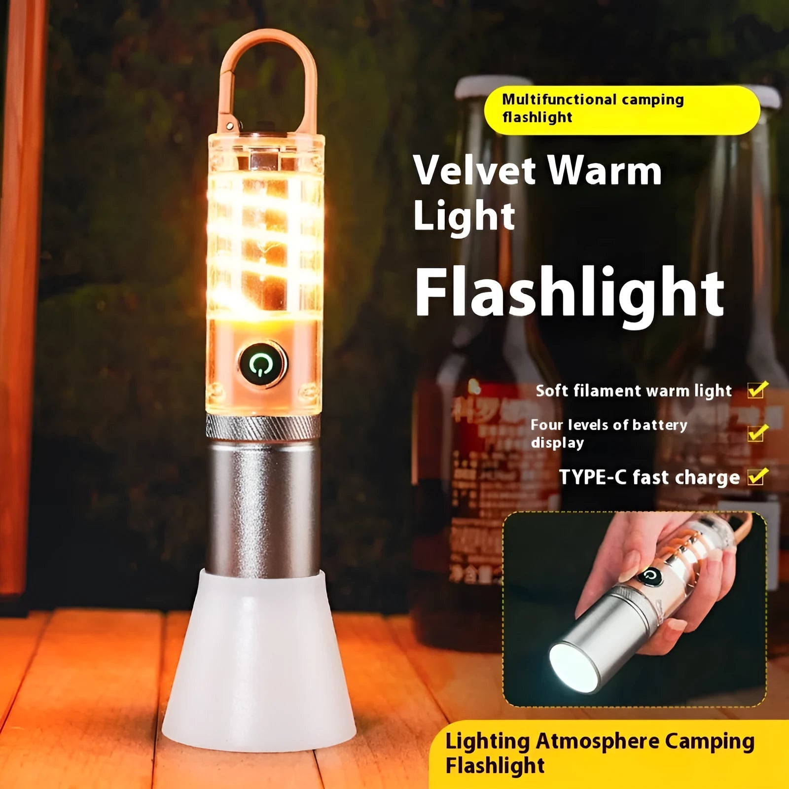 Orange and beige dual light source flashlights with optical zoom and keychain hooks