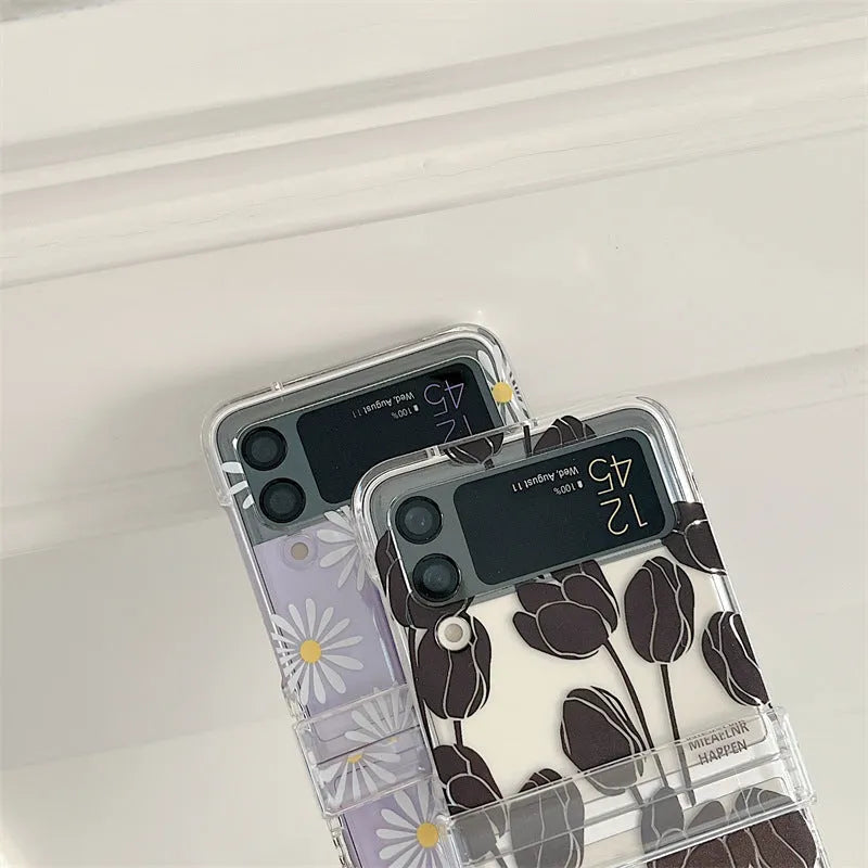 Samsung Galaxy Z Flip phone case with floral pattern in daisy or tulip colours