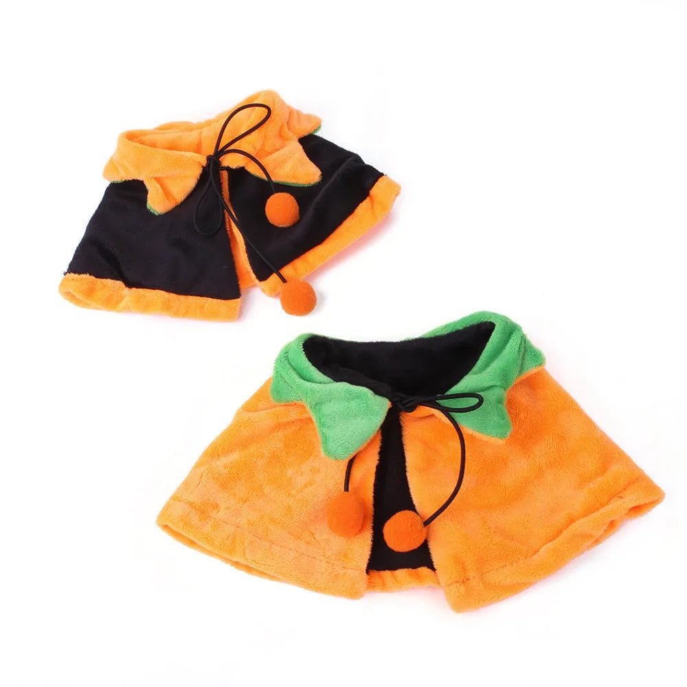 Orange plush Halloween pumpkin cloak for a dog or cat showing double-sided design