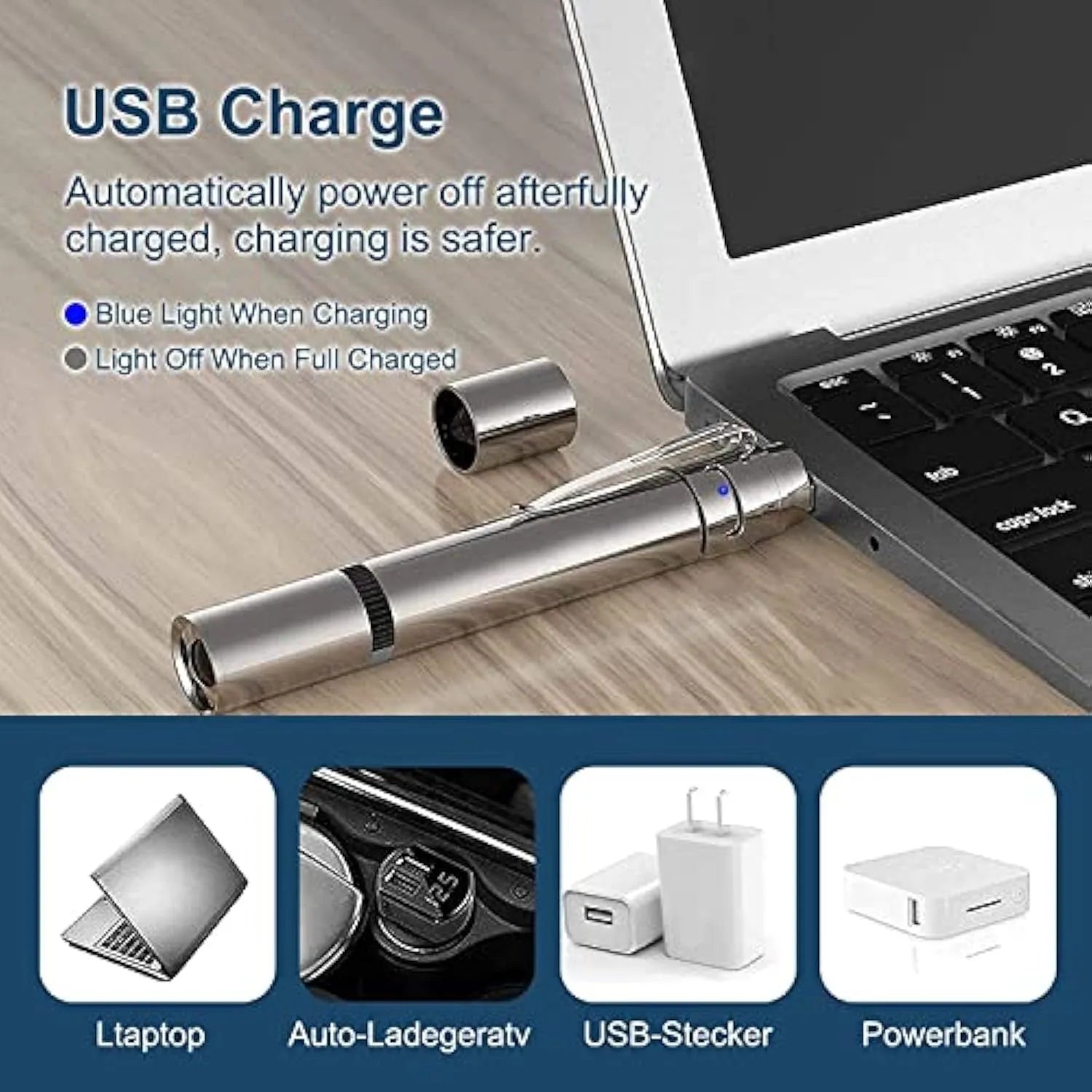 Silver aluminium cat toy pointer showing red dot pattern with USB charging port and metal clip