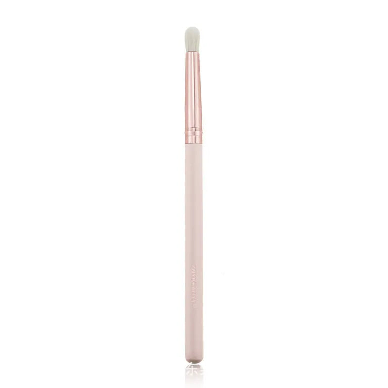 26 pink wooden handle makeup brushes arranged in a pink PU zip case.