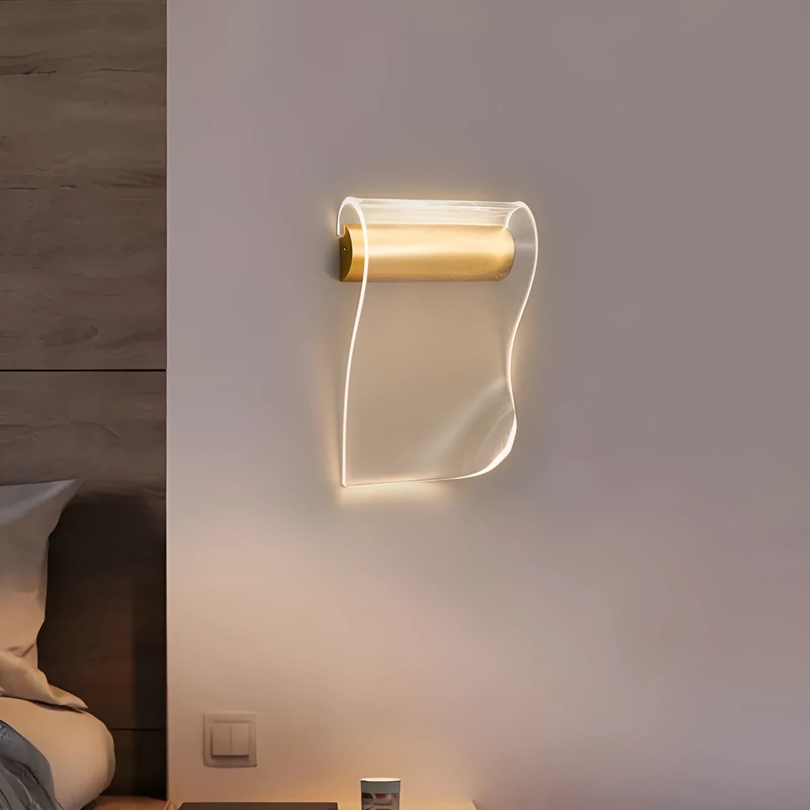 Wall lamp with acrylic shade showing left and right bend direction options