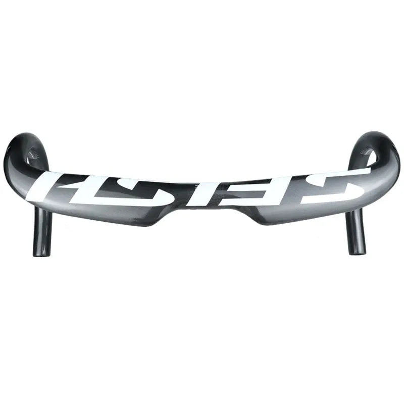Carbon fibre road bike drop handlebar shown in a black finish, with ergonomic bends for brake hoods and drops.