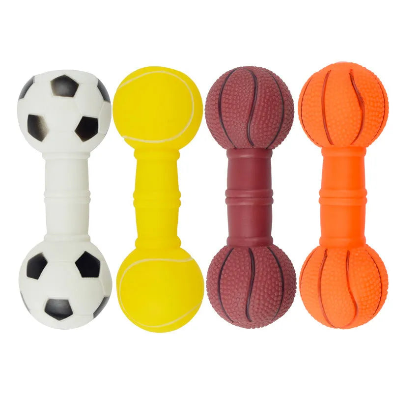 Football dumbbell shaped squeaky dog chew toy in orange colour