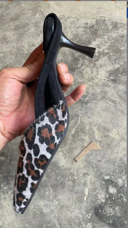 Women's pointed toe suede sandals in leopard print colour on size chart