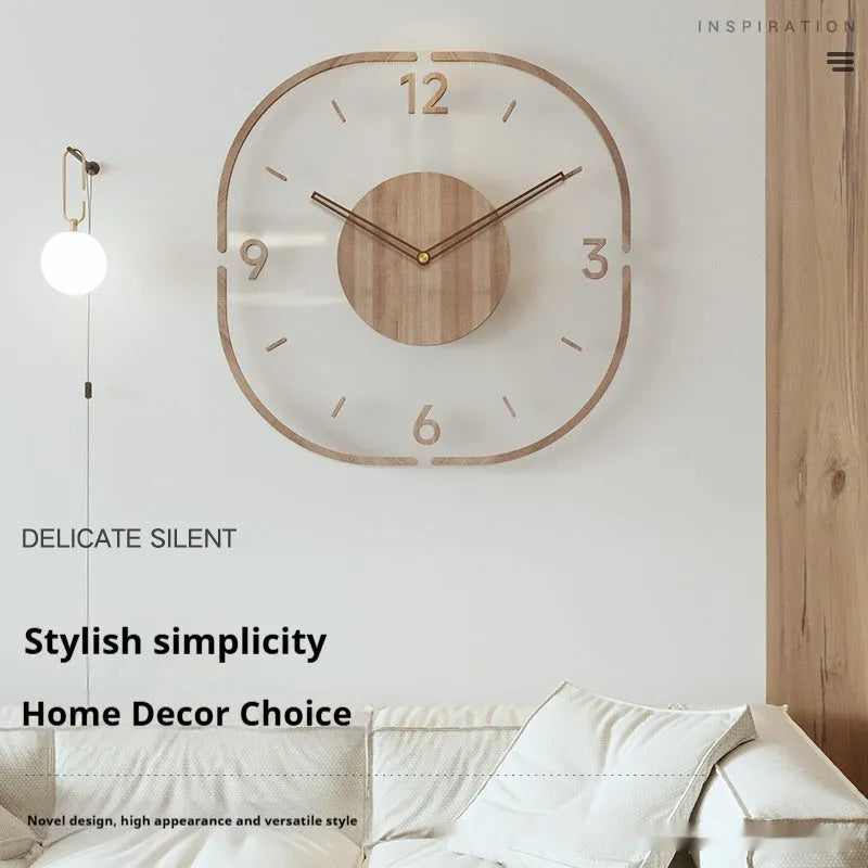 Transparent wooden frame wall clock with modern design measuring 35cm square