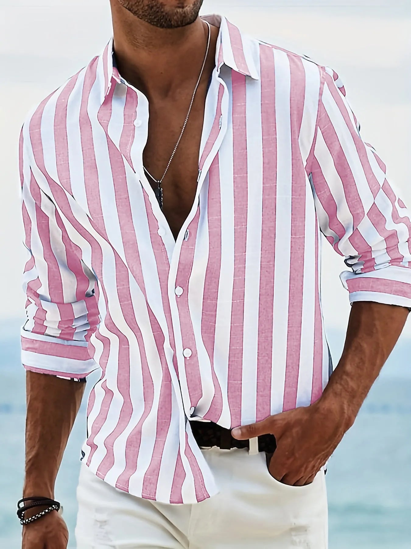 Men's yarn-dyed striped casual shirt in British style cardigan cut with loose fit long sleeves