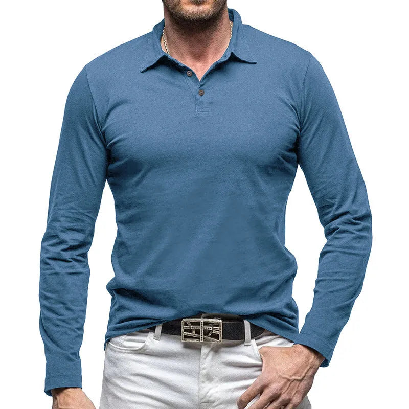 Men's polo collar long sleeve cotton T-shirt in American retro style, shown in dark grey.