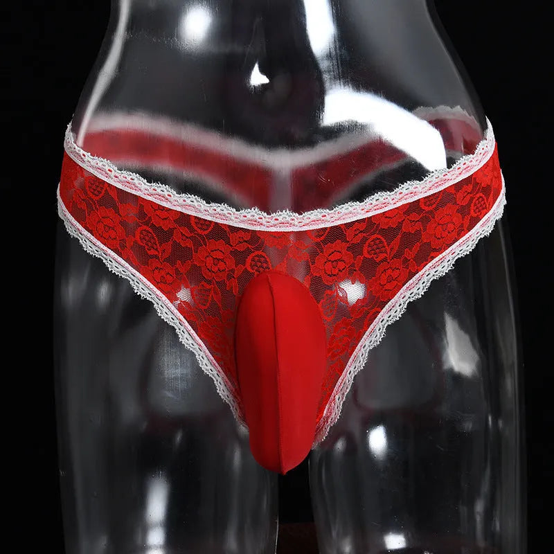 Men's lace triangle briefs with vertical bag egg design in low-waist style