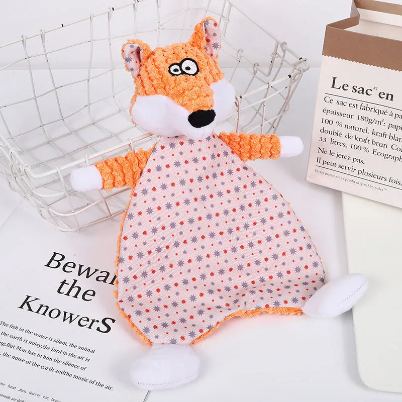 Brown plush velvet fox dog toy with sound paper core, shown next to grey elephant and orange cat versions.
