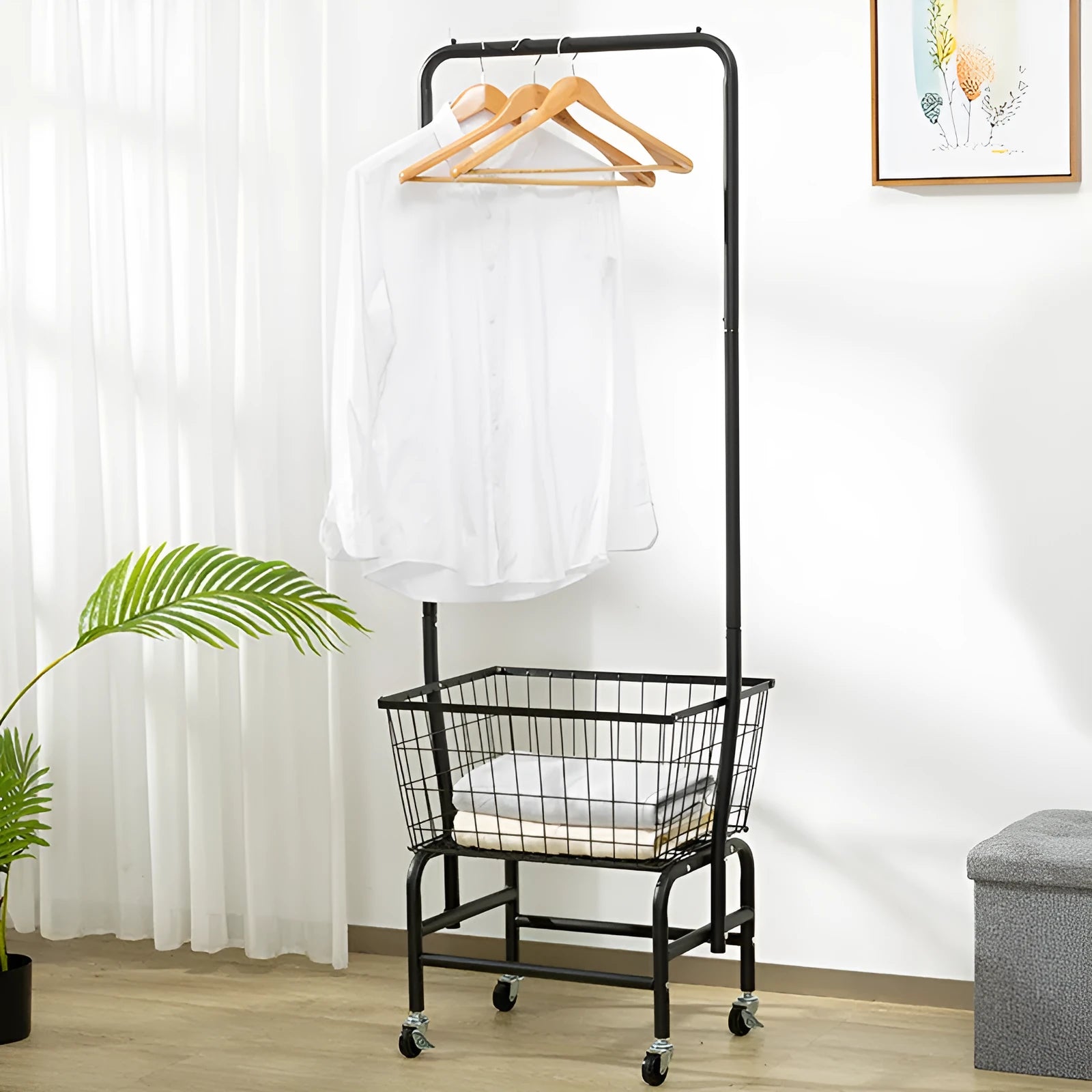 Iron pulley storage car wardrobe organiser with single rod and clothes hanger in white or black