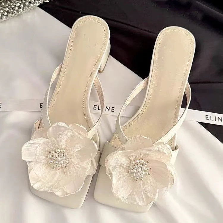 Women's Korean-style sandals with chunky heel, square toe, and satin upper in cream-white colour