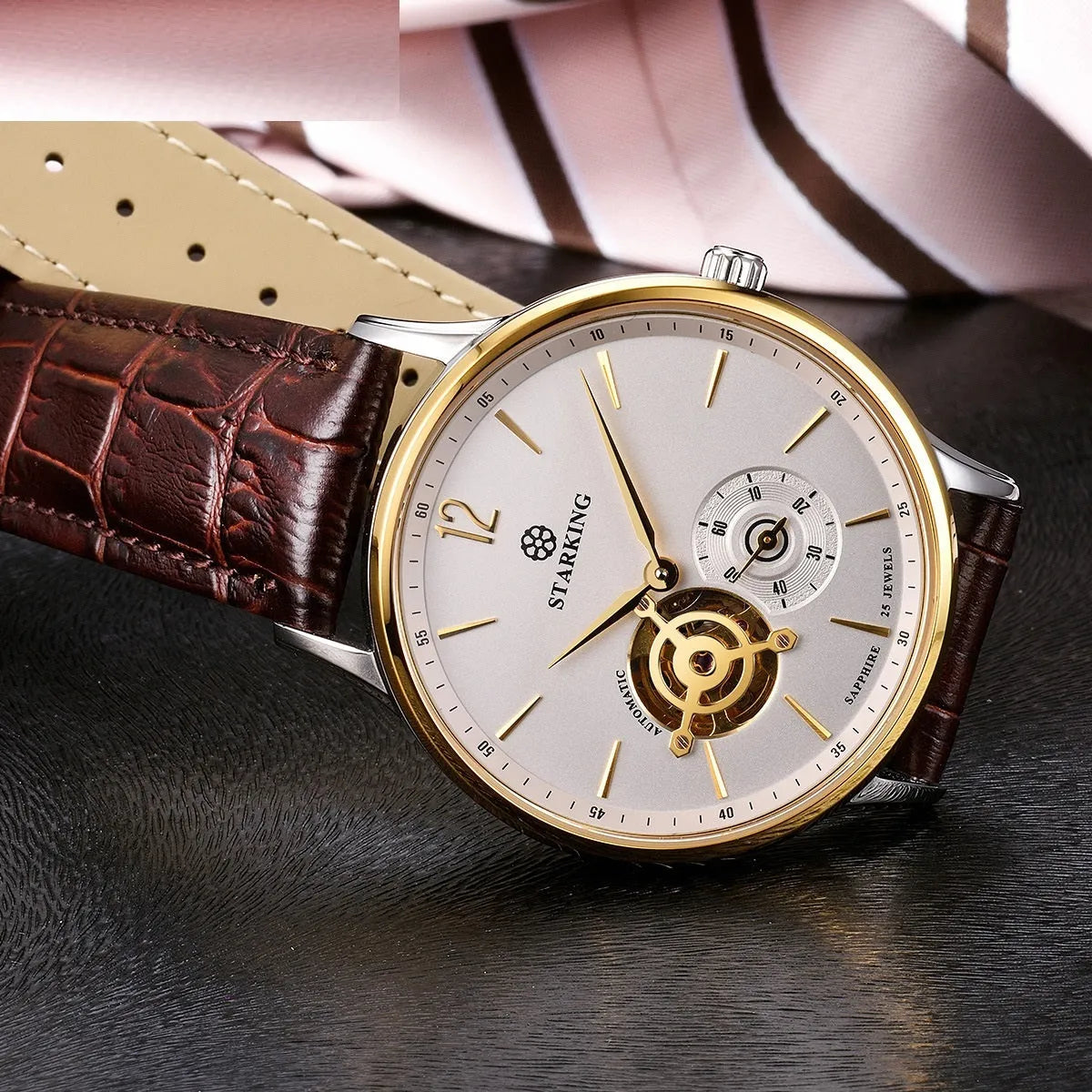 Automatic mechanical men's business watch with skeleton dial and brown leather strap