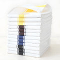 Set of twelve striped cotton blend kitchen dish towels in various colours, each measuring 48 by 70 centimetres.