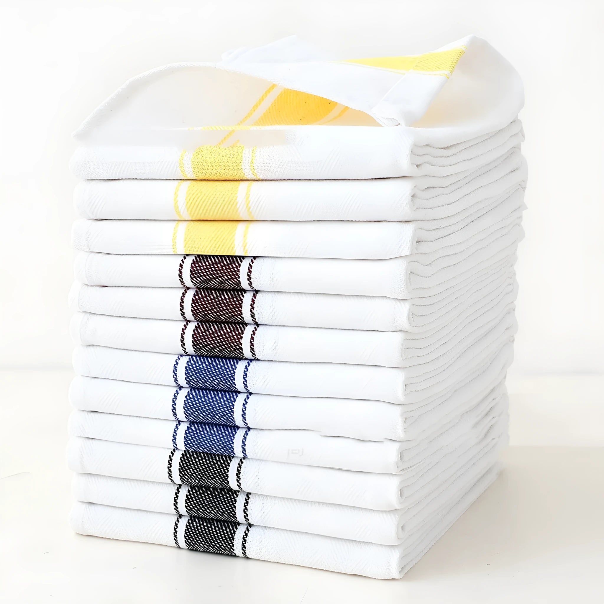 Set of twelve striped cotton blend kitchen dish towels in various colours, each measuring 48 by 70 centimetres.