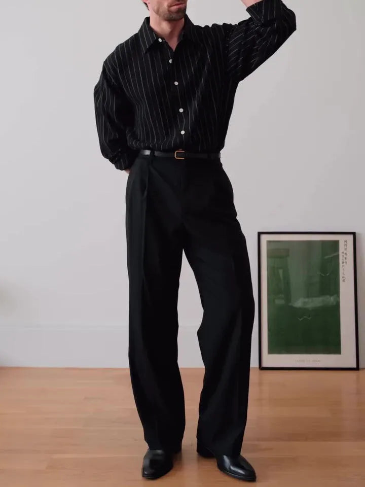 Men's black pinstripe button-down shirt with long sleeves and a regular fit
