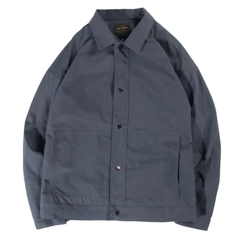 Korean style thin single-layer men's jacket in grey, showing long sleeves and front zip.