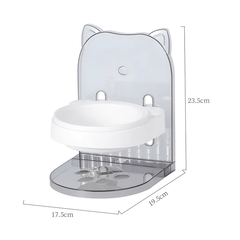 Grey cat feeding bowl with cat ears design and adjustable height mechanism on removable hanging cage