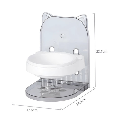 Grey cat feeding bowl with cat ears design and adjustable height mechanism on removable hanging cage