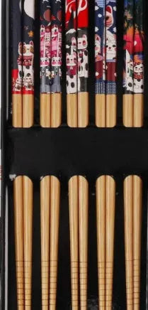Japanese style bamboo chopsticks with cartoon patterns in lucky cat or elegant blue designs