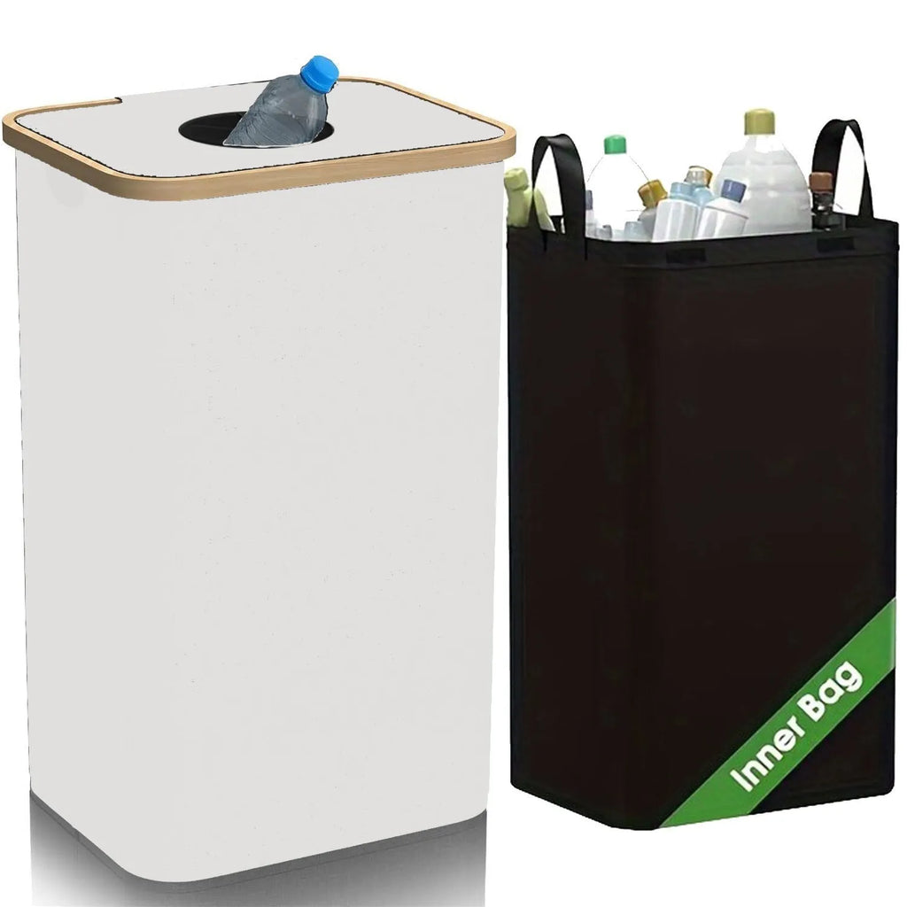 Black bamboo laundry basket with removable storage component and double inner pockets