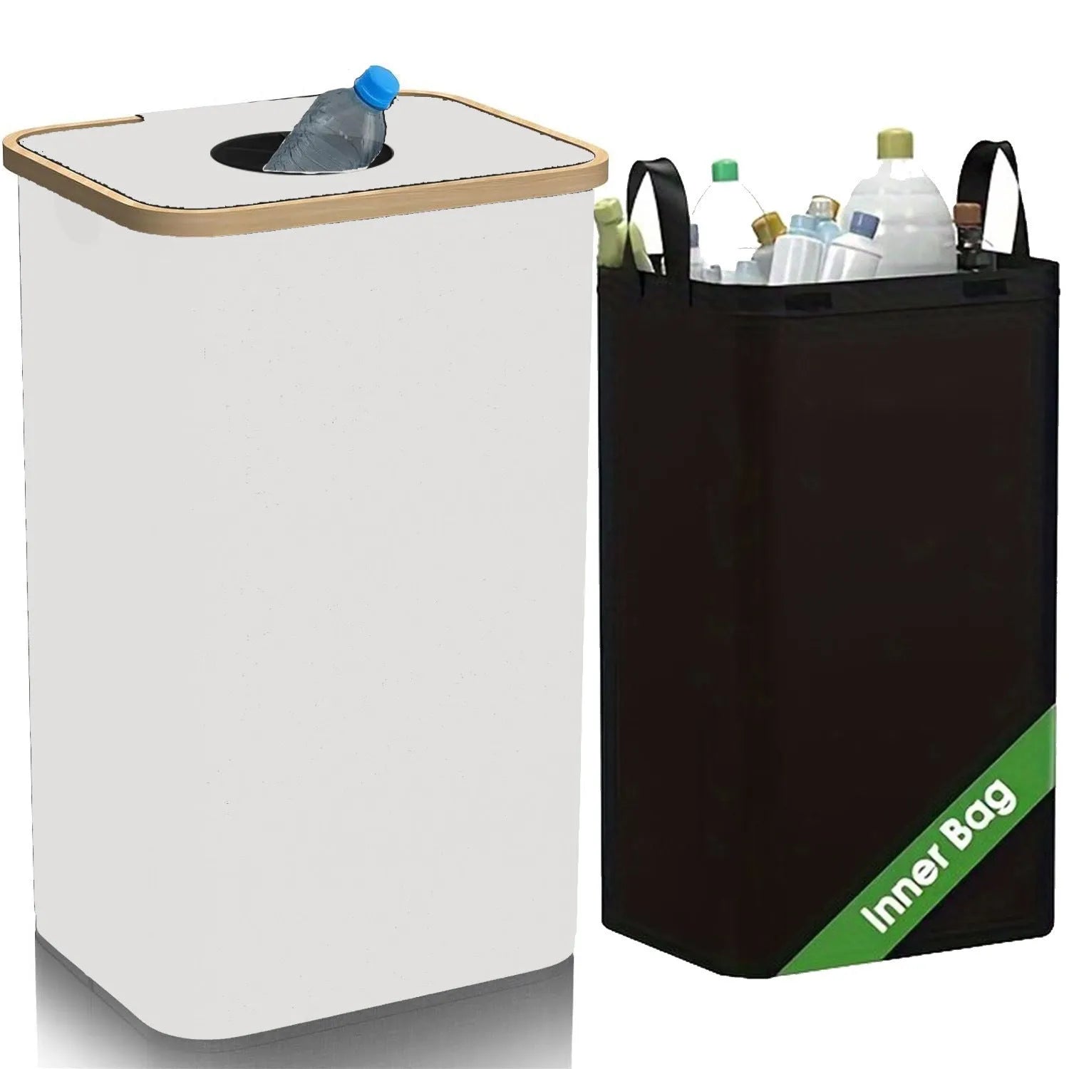 Black bamboo laundry basket with removable storage component and double inner pockets