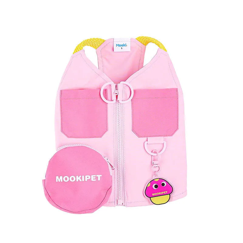 Pink lightweight polyester vest for small dog breeds on a white background.