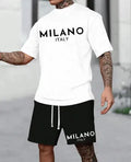 Round neck short sleeve polyester suit set with matching shorts in five colour options