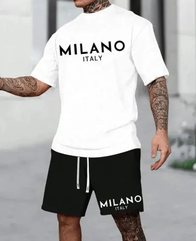 Round neck short sleeve polyester suit set with matching shorts in five colour options