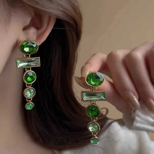 Geometric Chinese style earrings with retro green gradient colour and tassel design