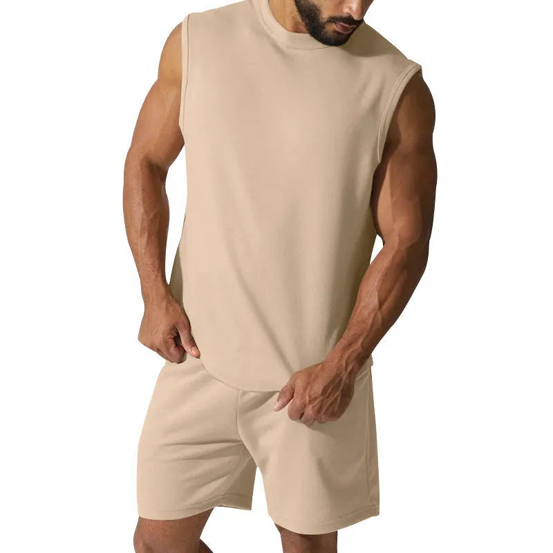 Men's sleeveless sports suit set in cotton blend fabric with matching shorts