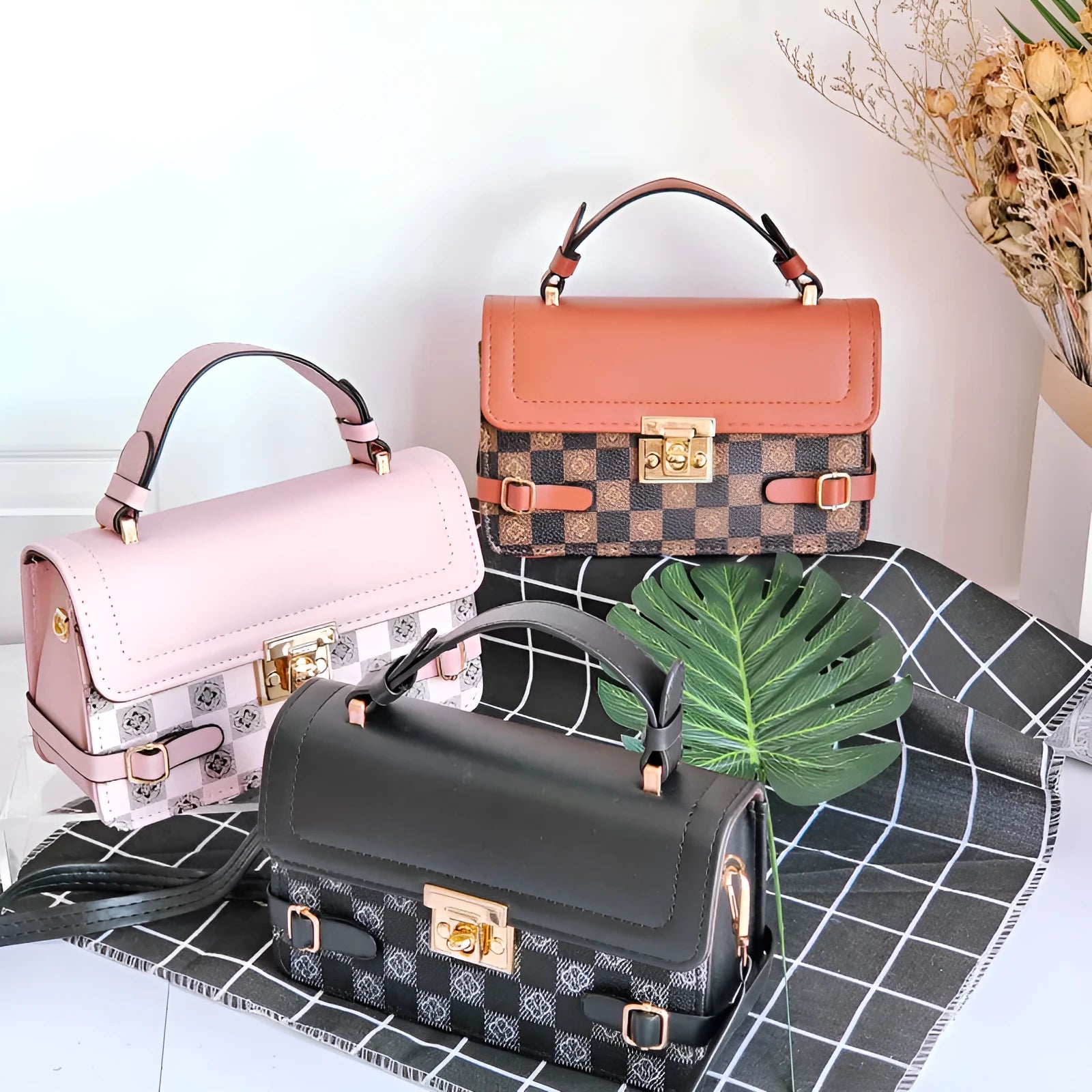Retro small square ethnic pattern crossbody bag in apricot colour with floral stitching