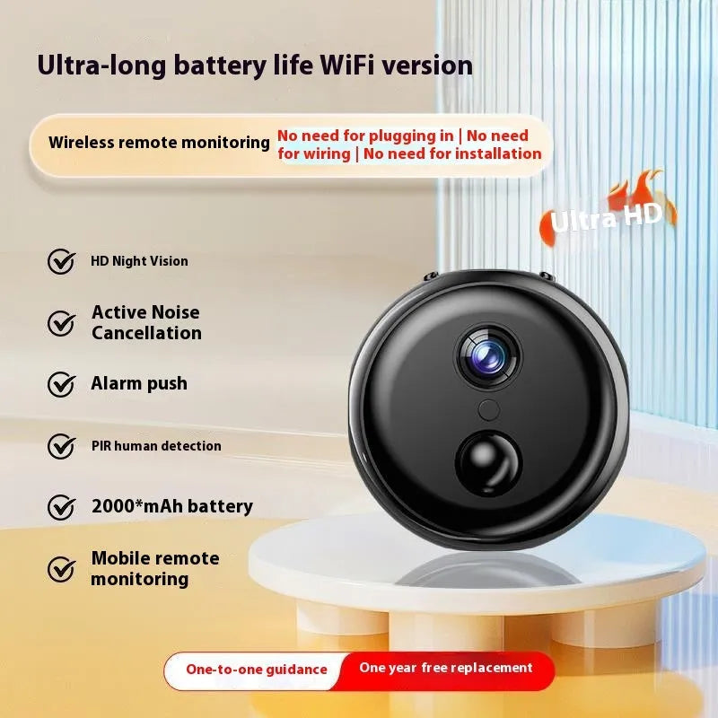 Wireless 360-degree rotating security camera on a stand with HD night vision.