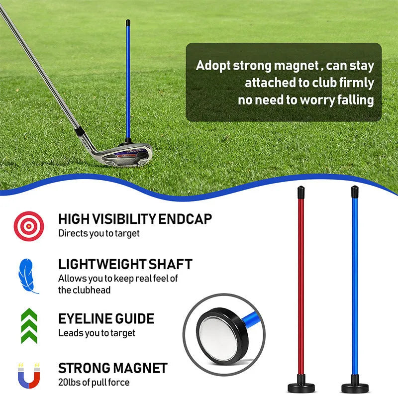 Red and blue magnetic golf swing alignment trainer on practice mat