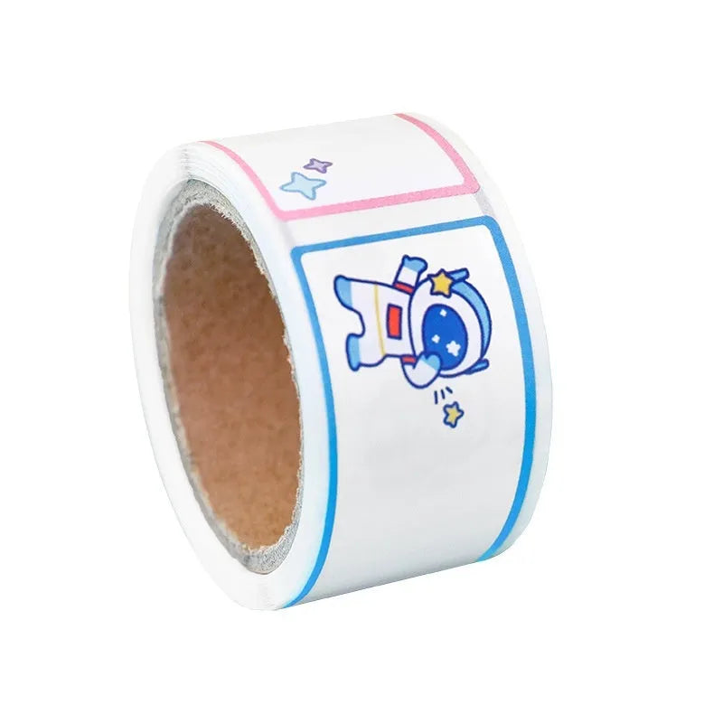 Roll of cartoon name tape stickers showing dinosaur, astronaut, rabbit and girl theme designs