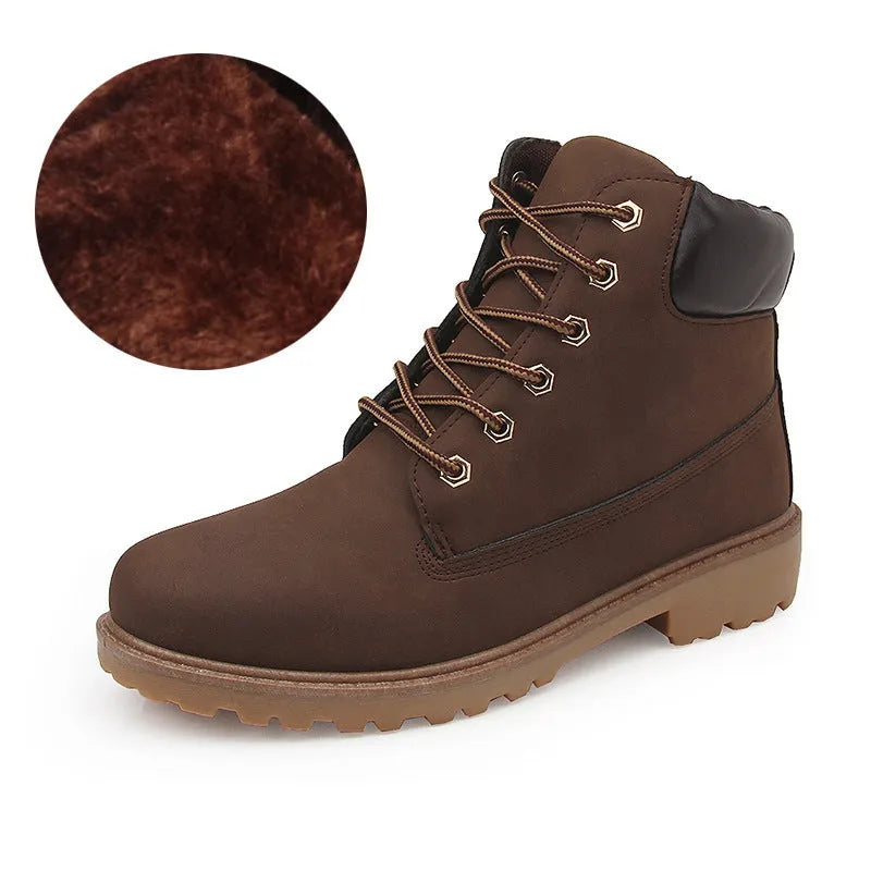 Pink men's high-top Martin boots with velvet lining and flat 1-3cm heel on round toe