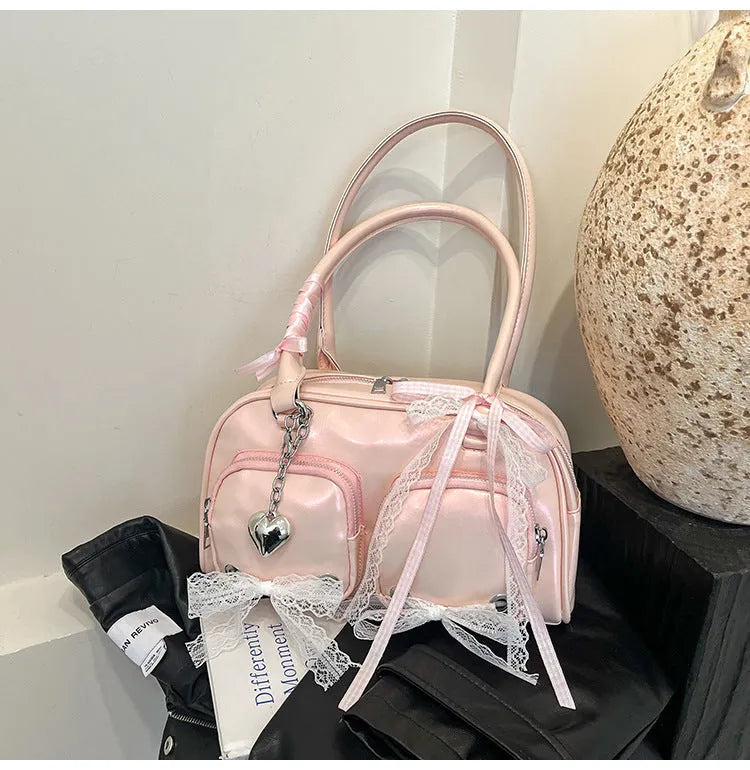 Horizontal square shoulder bag in soft PU with double straps and mobile phone pocket