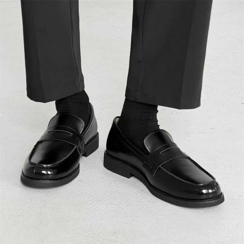 Men's classic black slip-on derby leather shoes with microfiber upper and rubber sole
