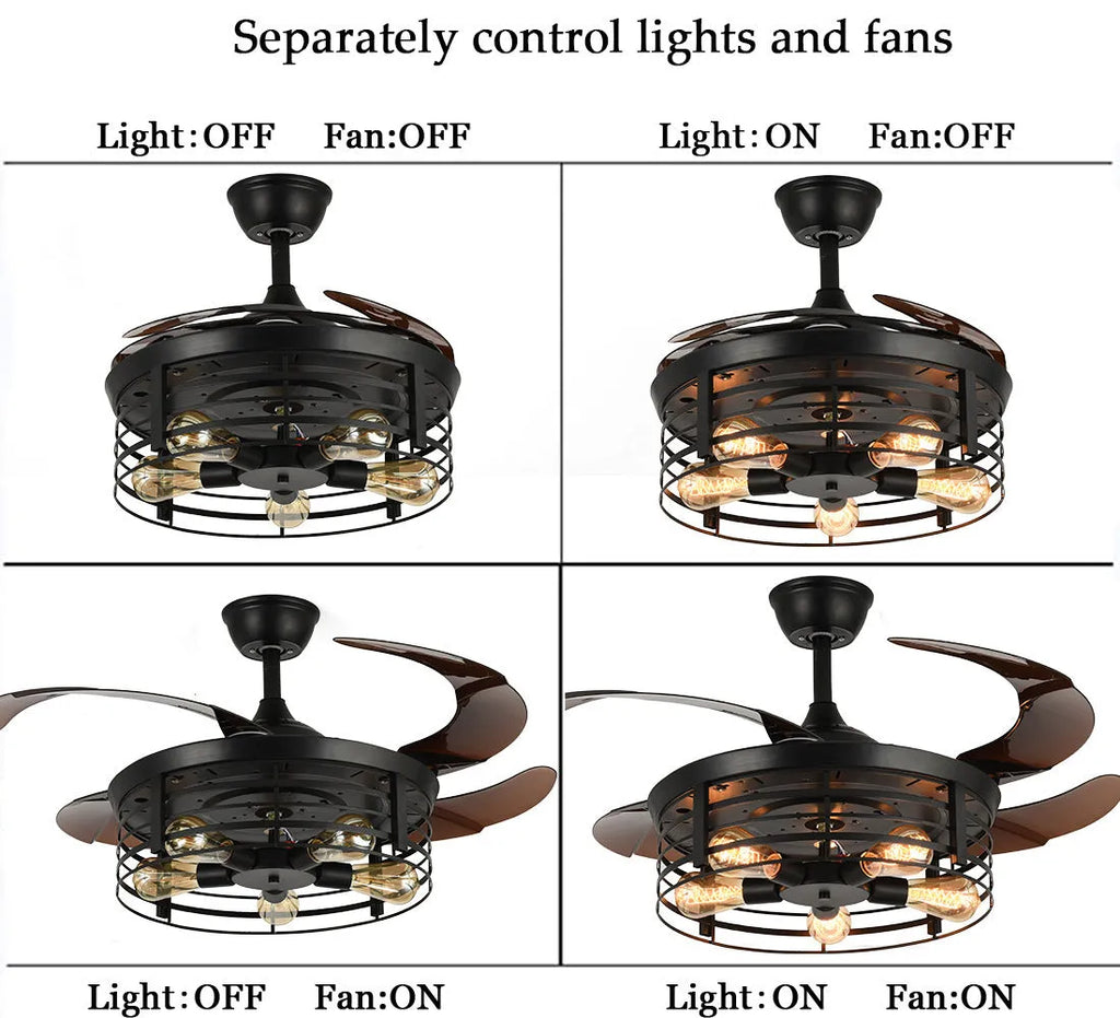 American retro style ceiling fan with integrated light and acrylic blades, shown with remote control.