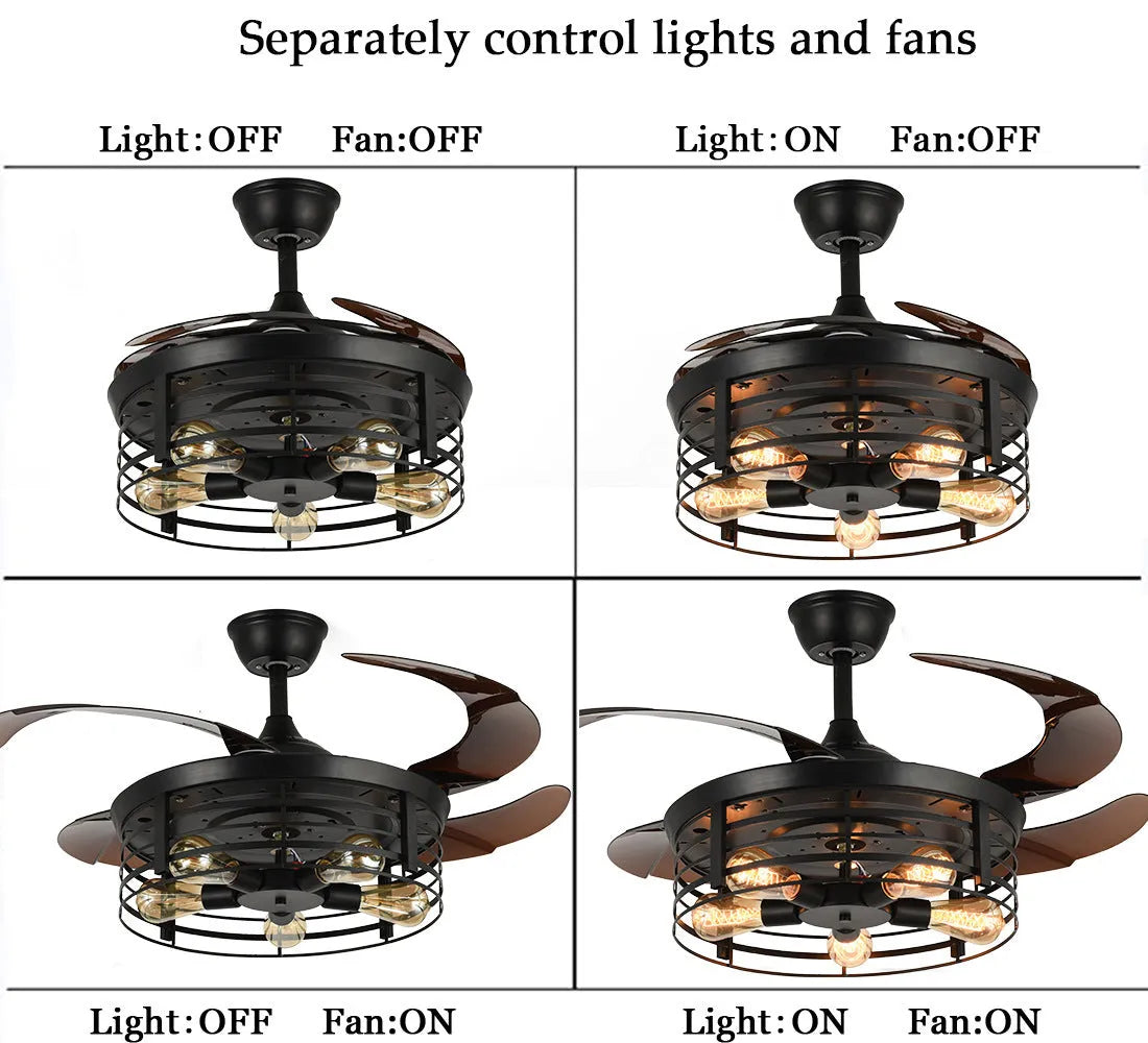 American retro style ceiling fan with integrated light and acrylic blades, shown with remote control.