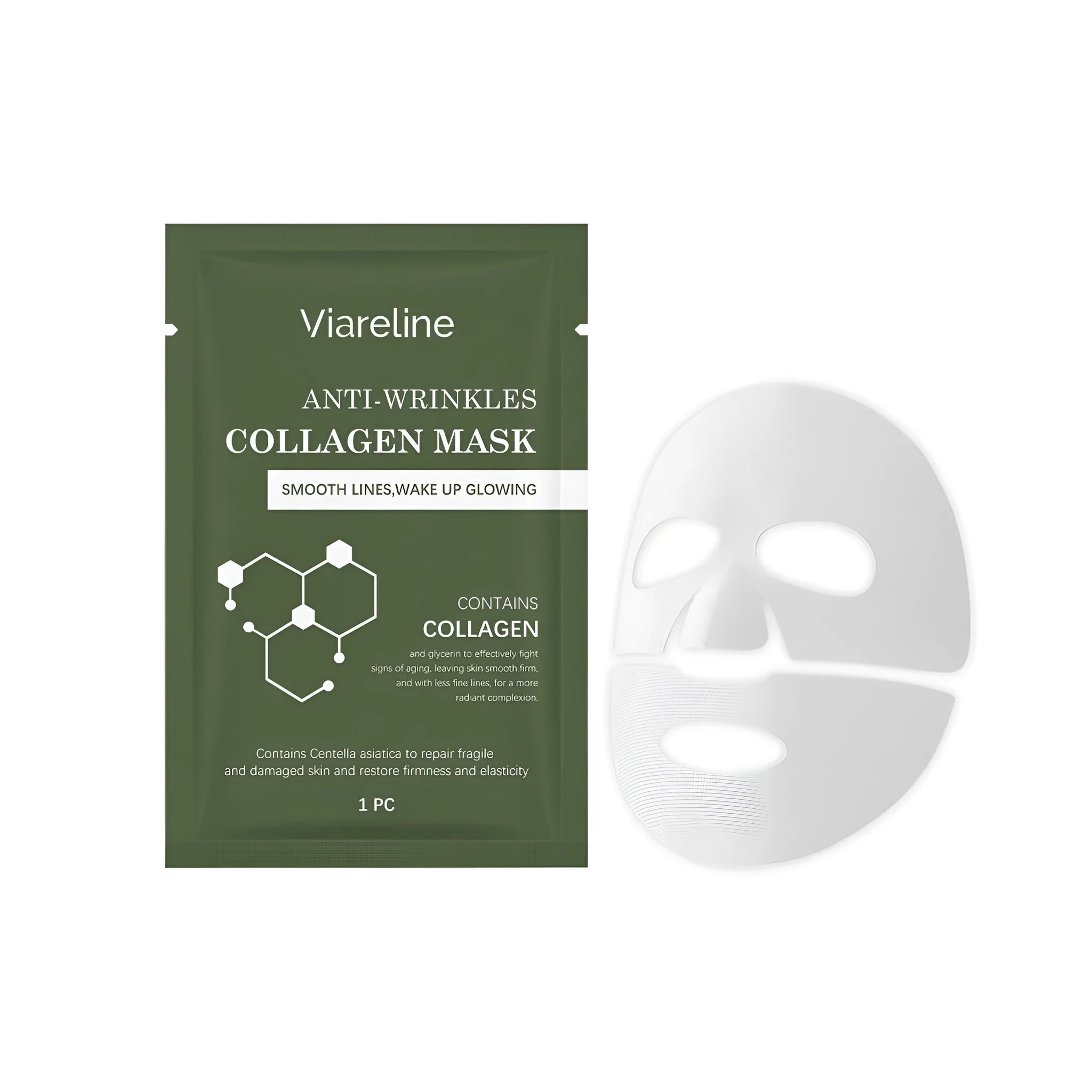 Anti-wrinkle collagen sheet mask with hyaluronic acid and nicotinamide serum in foil pack