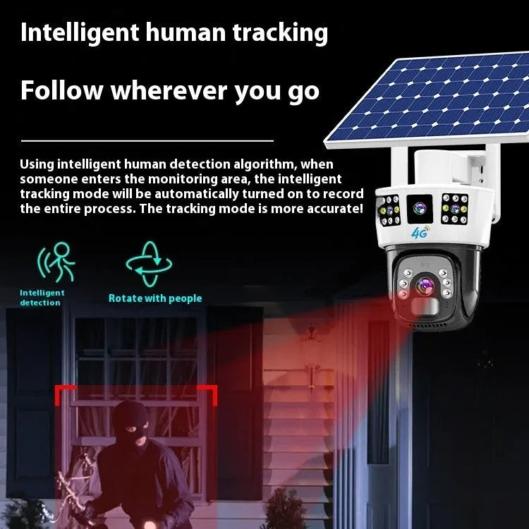 Solar binocular surveillance camera with three screens and integrated solar panel