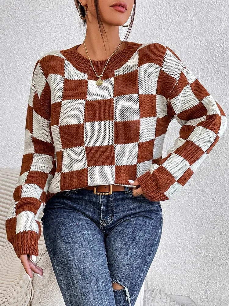 Dark brown plaid acrylic pullover sweater with loose round neck and long sleeves
