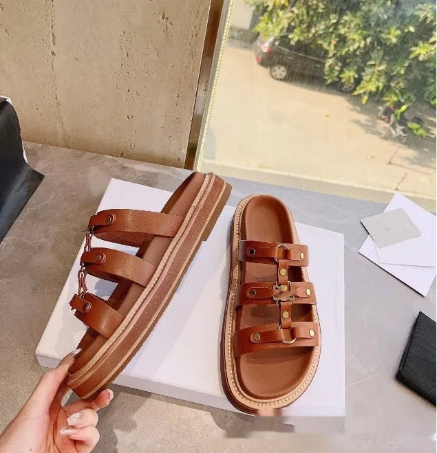 Women's retro Roman style sandal slippers in patent leather, shown in black, white, and brown colour options.
