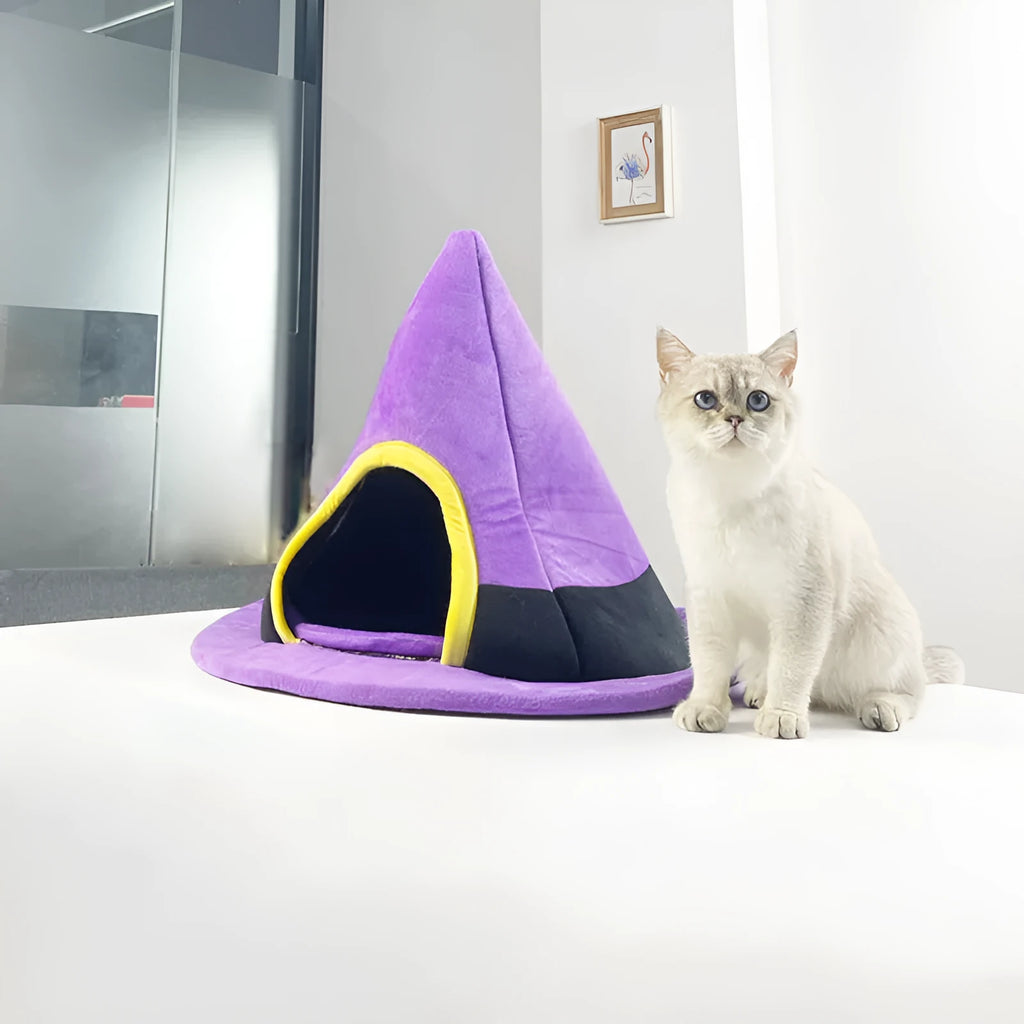 Purple cloth Halloween witch hat shaped cat bed nest measuring 60cm by 45cm