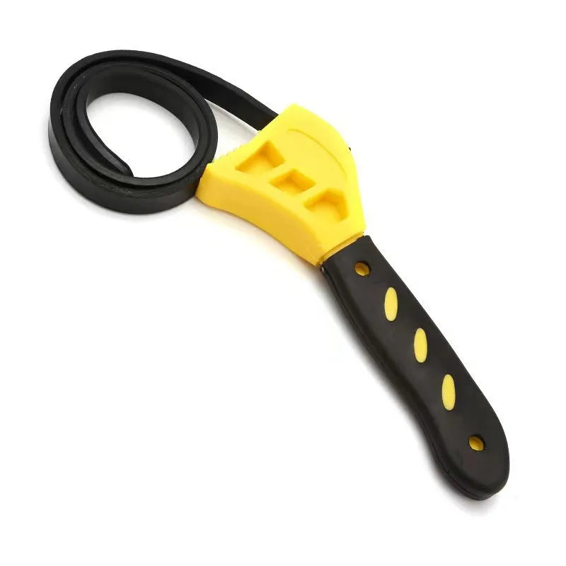 Two adjustable rubber strap wrenches, sizes 6 inch and 8 inch, with plastic handles and phosphated metal parts.