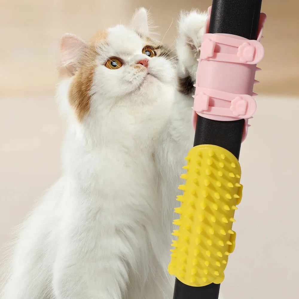 Silicone pet grooming massage comb with rounded teeth and adjustable strap for table leg mounting